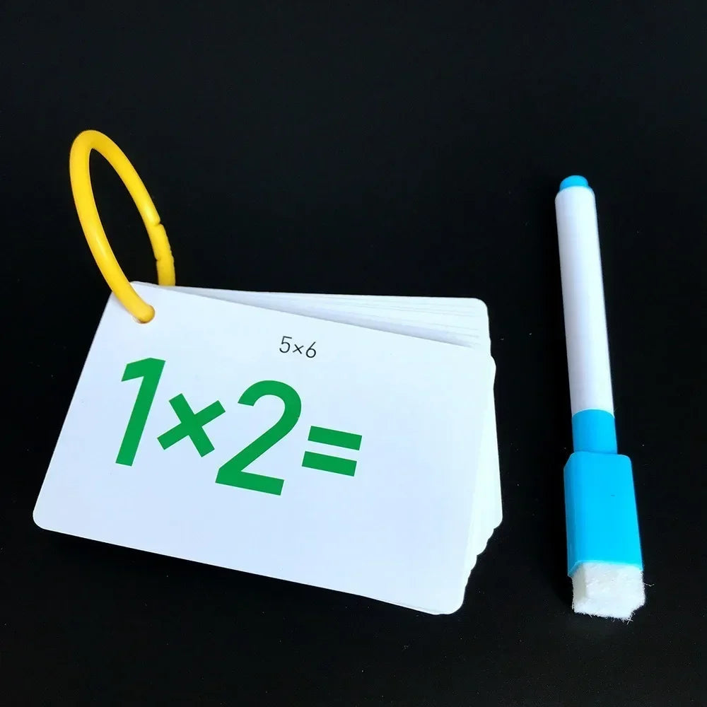 Multiplication cards on a yellow ring beside a blue-and-white marker.
