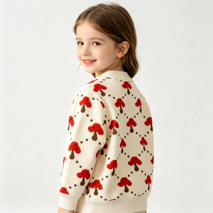 Side and back view of a cream cardigan with red mushrooms and cream ribbed cuffs