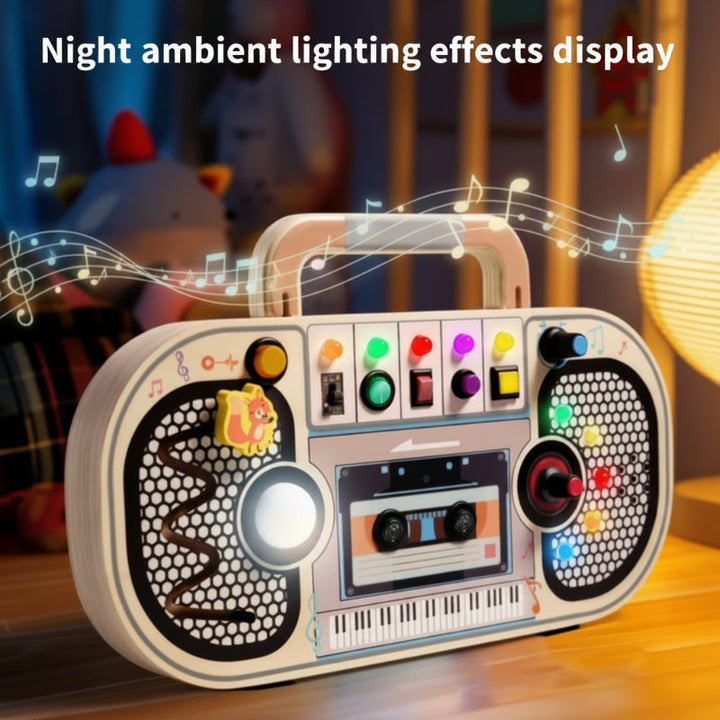 Wooden busy board showing glowing activity lights in a dim room