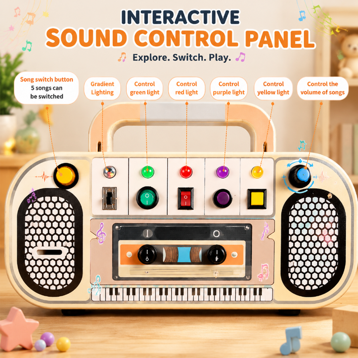Front view of the wooden busy board with labeled light switches, song control, and volume knob