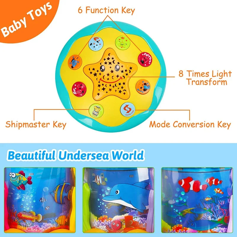 Top button layout and three underwater scene views on the musical aquarium projector