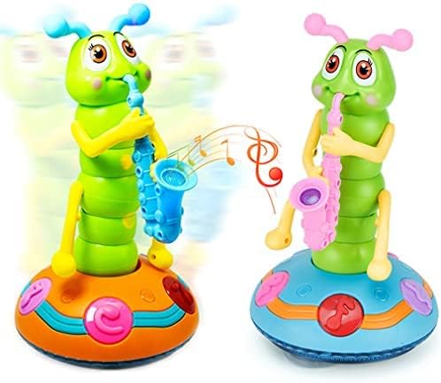 Green caterpillar toy versions with blue and pink saxophones on colorful round bases