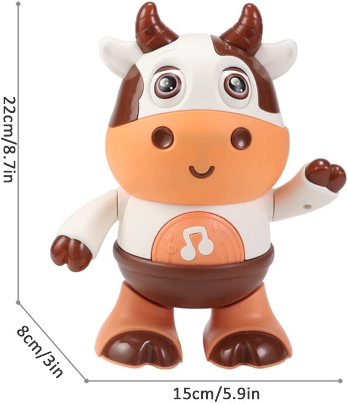Cow toy measurement diagram showing 22 cm height, 15 cm width, and 8 cm depth