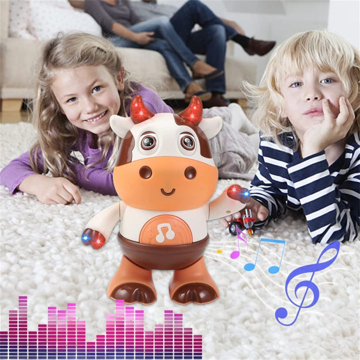 Two children beside a musical cow toy on a carpet, with decorative music notes