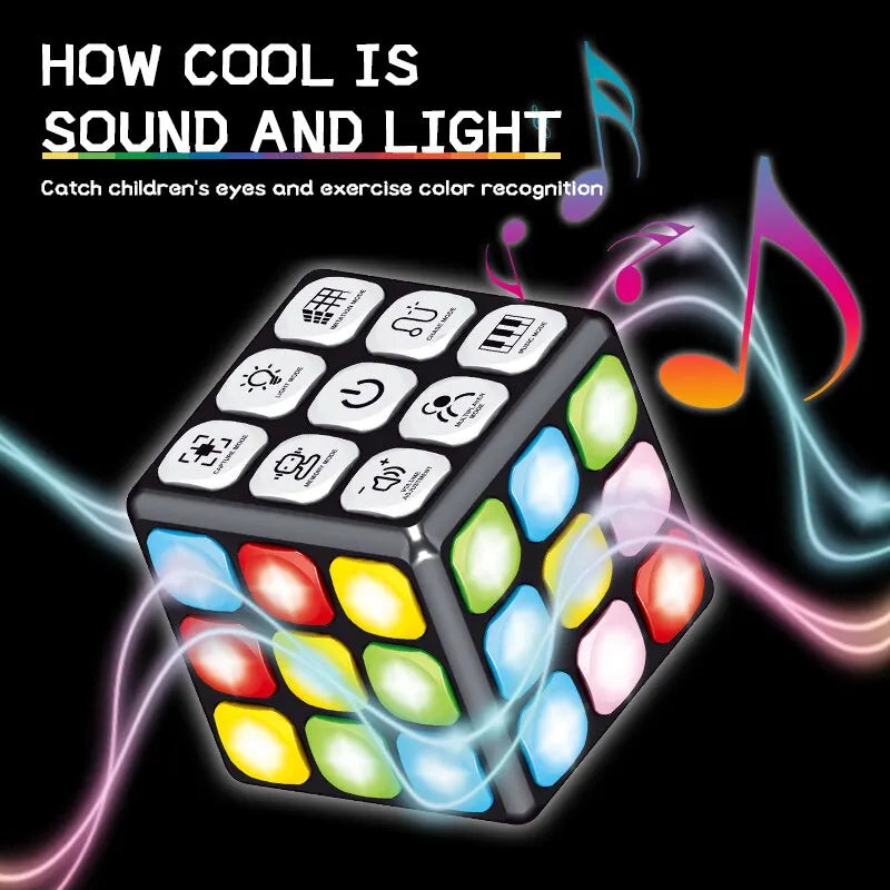 Illuminated musical activity cube surrounded by colorful note graphics