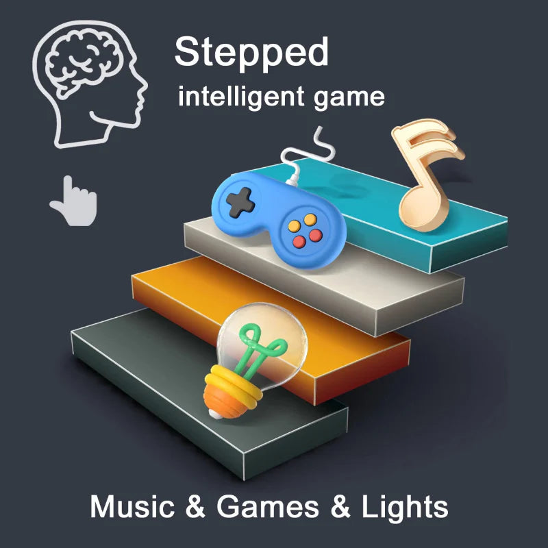 Illustration of a game controller, musical note, and light bulb on steps representing games, music, and lights