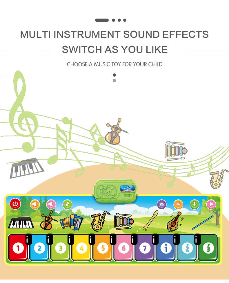 Musical play mat with instrument illustrations and a graphic highlighting different instrument sounds