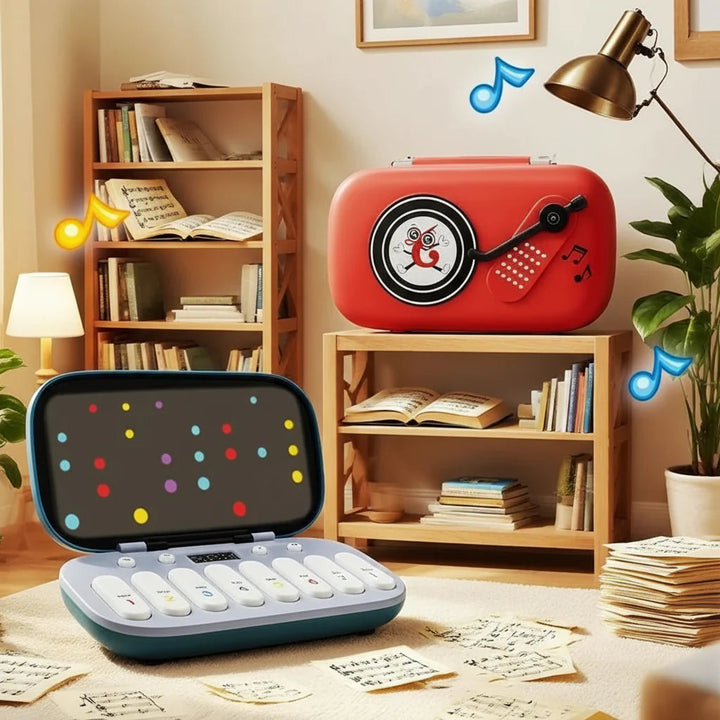 Open green piano toy and closed red version in a living room setting