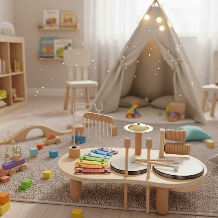 Wooden music playset on a rug in front of a play tent