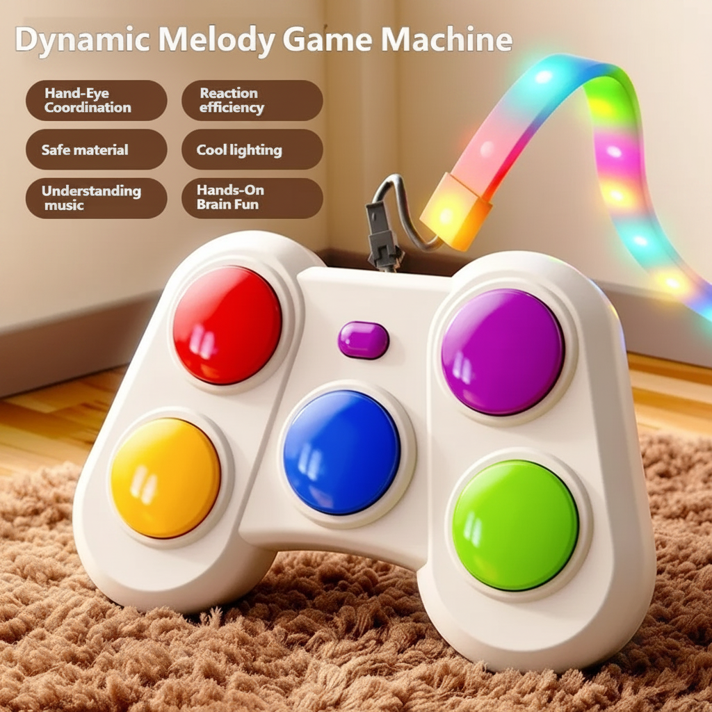 White musical reaction game controller standing on a rug with its multicolor strip illuminated