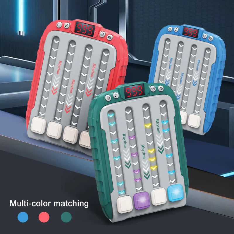 Red, blue, and green musical reflex games with four button controls and digital displays