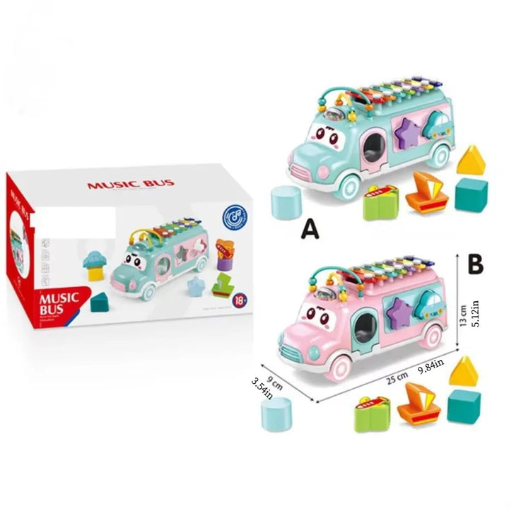 Blue and pink musical toy buses with sorting blocks, a retail box, and a 9 x 25 x 13 cm measurement diagram