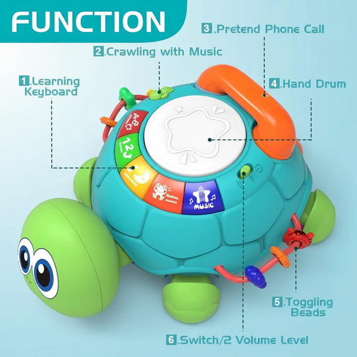 Turtle toy feature guide showing buttons, a drum pad, a pretend phone and sliding beads