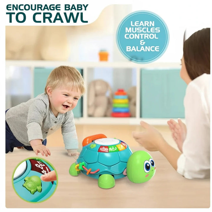 Child crawling toward a musical turtle toy while an adult sits nearby