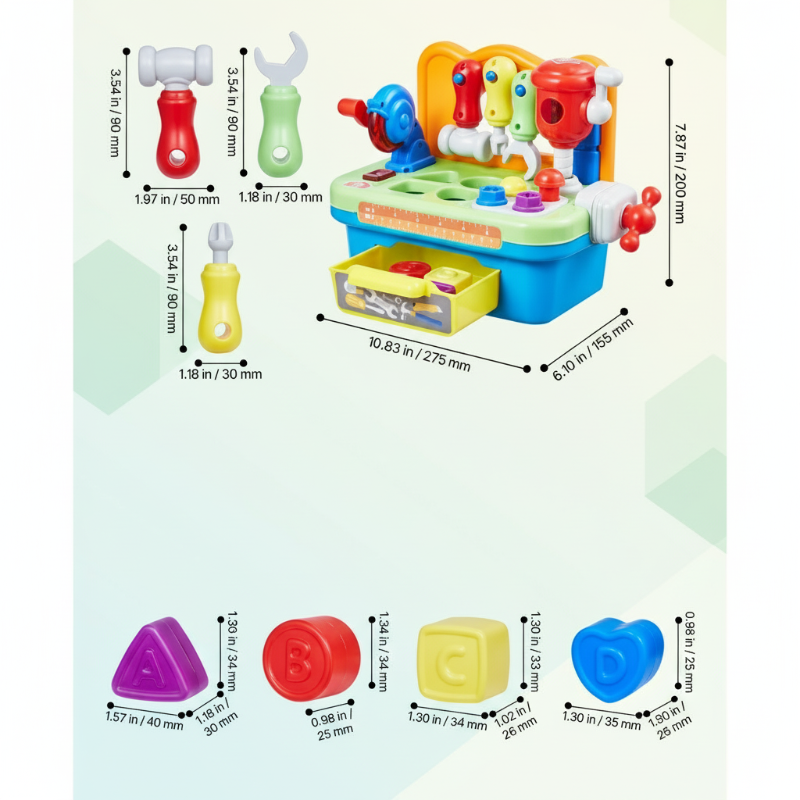 Measurement chart for the musical workbench, three handheld tools and four shape blocks