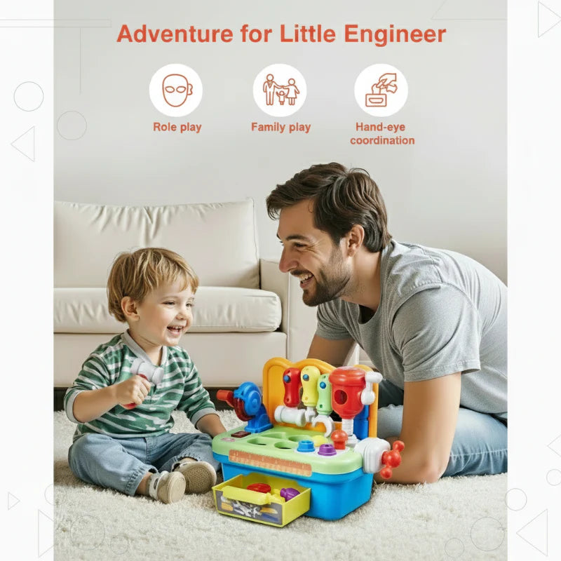 An adult and child playing together with a colorful musical toy workbench