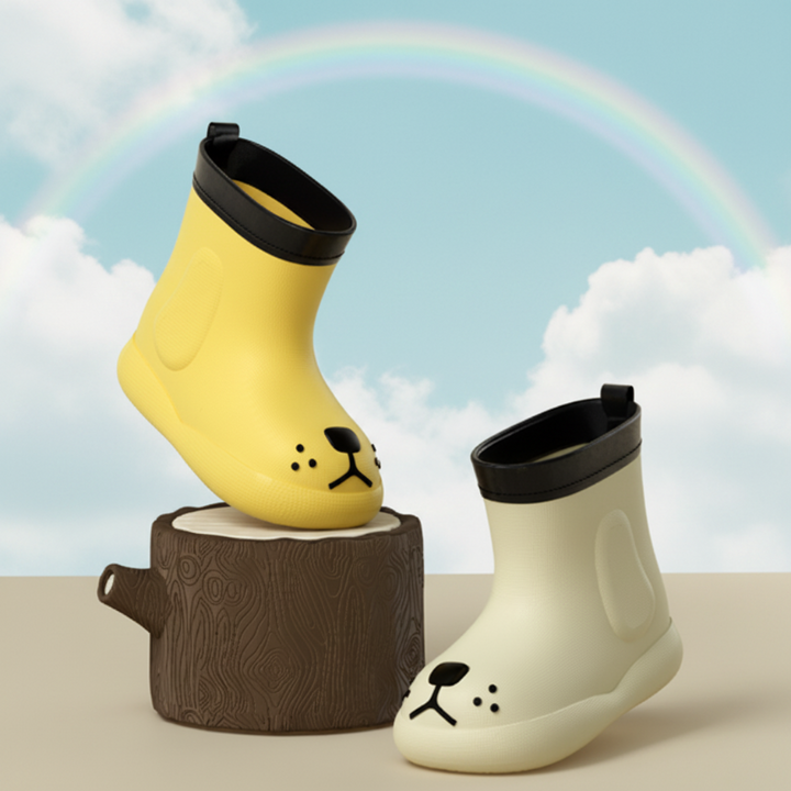 Mustard and cream dog-face rain boots arranged by a tree stump with a rainbow backdrop