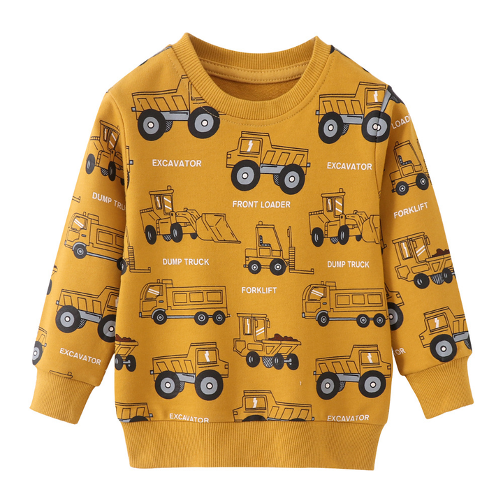 Mustard yellow sweatshirt printed with trucks and construction machines