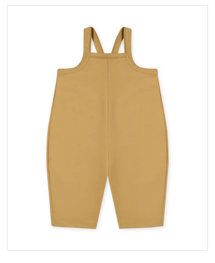 Mustard yellow Type A baby overalls with a plain front and shoulder straps