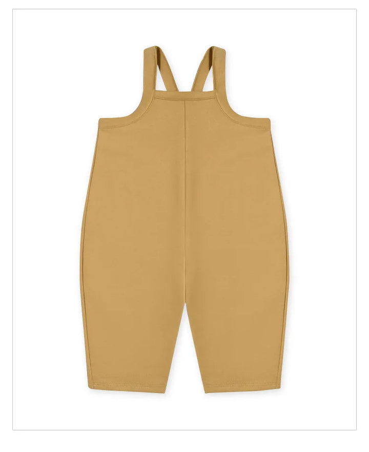 Mustard yellow Type A baby overalls with a plain front and shoulder straps