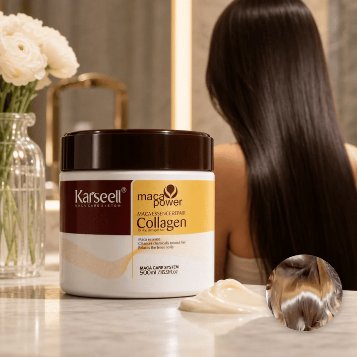 Cora collagen hair mask with shiny hair result inset