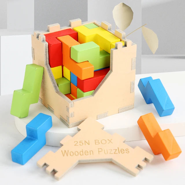 Colorful N-shaped wooden blocks surrounding a filled wooden cube puzzle frame