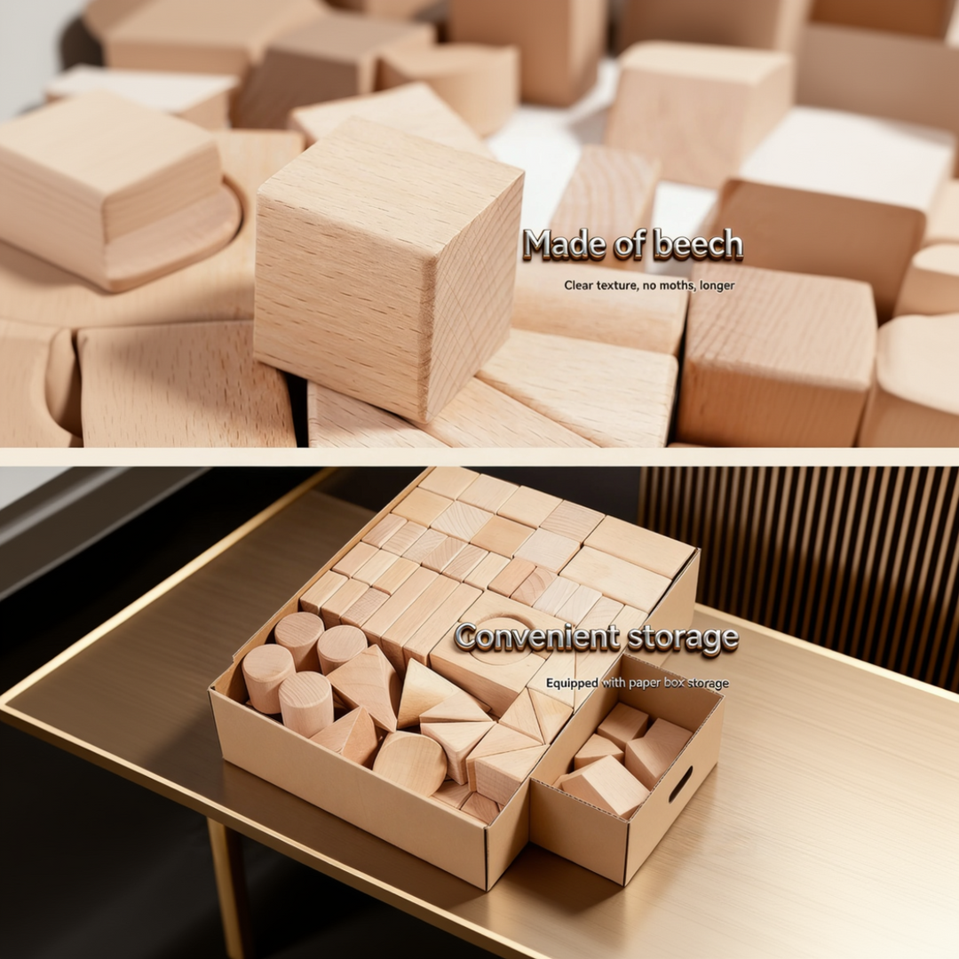 Natural wooden blocks shown close up and packed into shallow storage trays