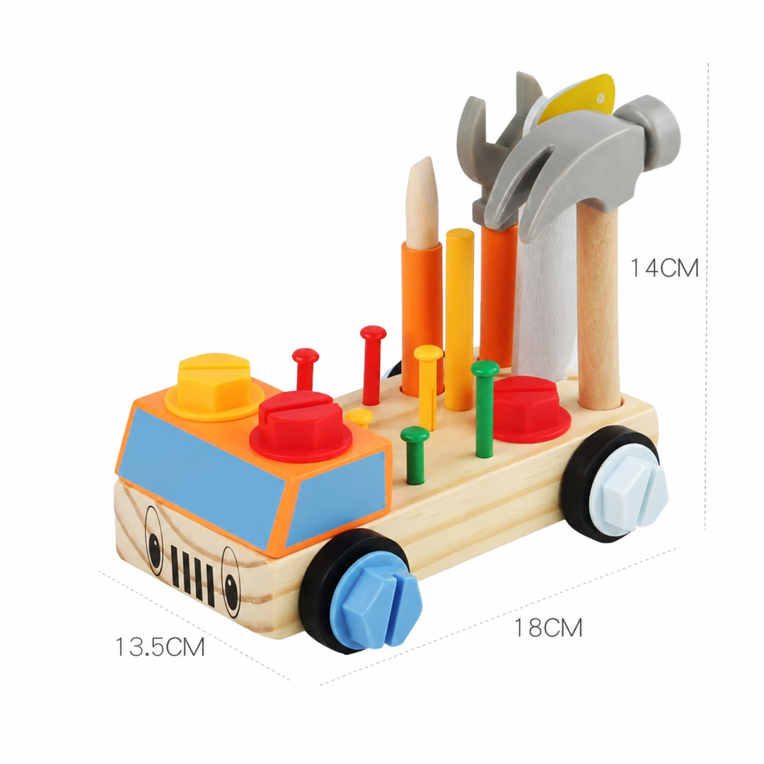 Natural-wood tool wagon with upright hand tools and labeled dimensions