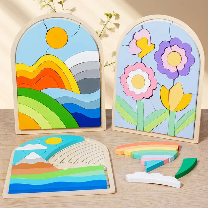Flower, rainbow, and mountain wooden puzzles displayed with several pieces removed