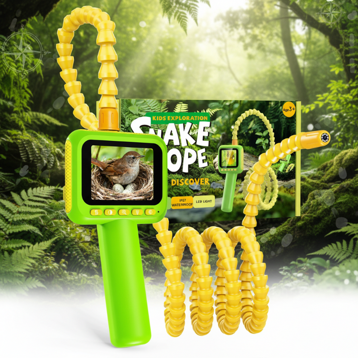 Green borescope camera with a coiled yellow flexible neck and retail box in a woodland scene