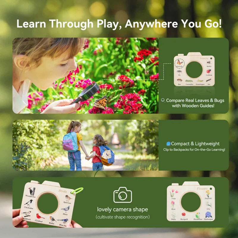 Nature viewing frame activity graphic with children exploring outdoors and illustrated wooden frames