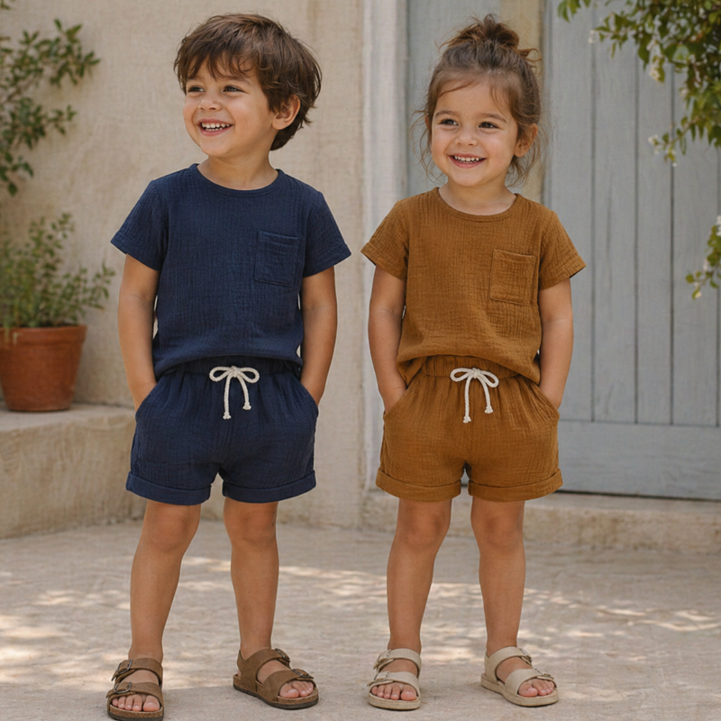 Two children wearing navy blue and brown cotton T-shirt and shorts sets.