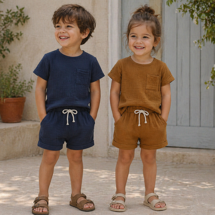 Two children wearing navy blue and brown cotton T-shirt and shorts sets.