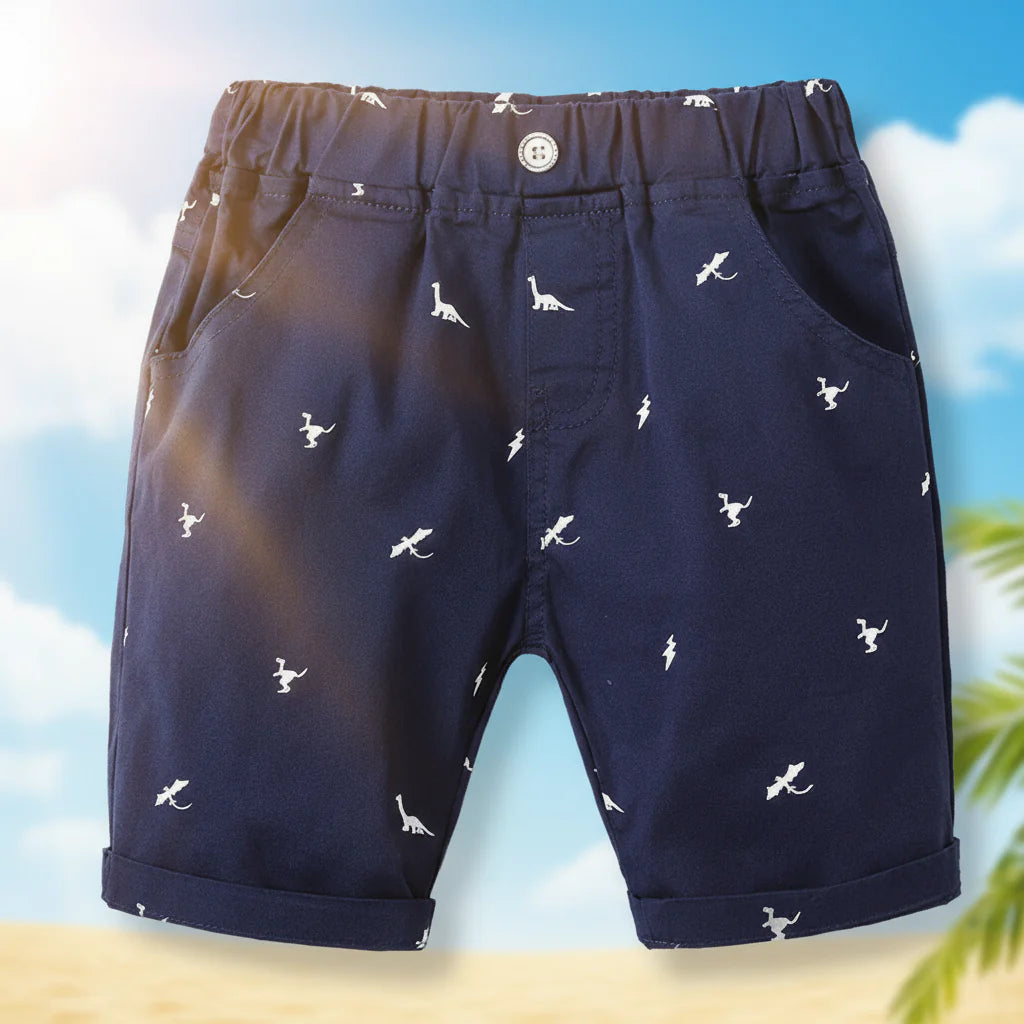 Navy blue dinosaur shorts with a front button and turned-up hems