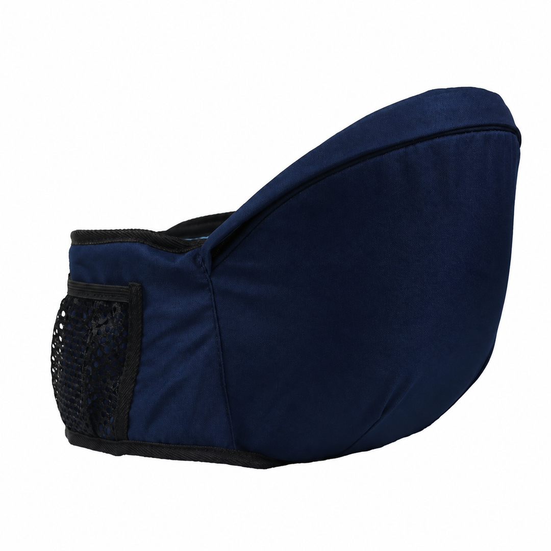 Navy blue hip carry seat with a black mesh side pocket