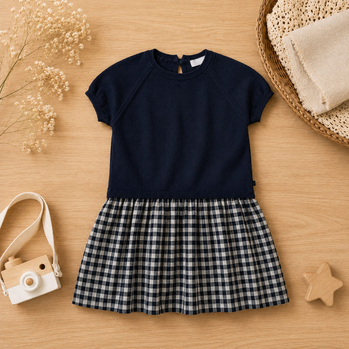 Navy blue dress with a short-sleeve knit top and black-and-white plaid skirt, laid flat.