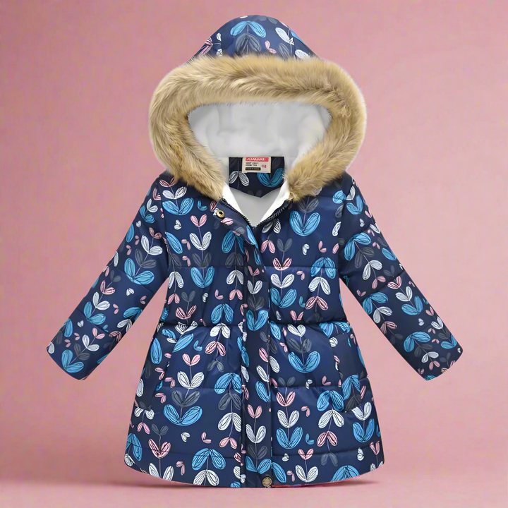 Navy quilted winter coat with blue and pink leaf patterns and fluffy hood trim