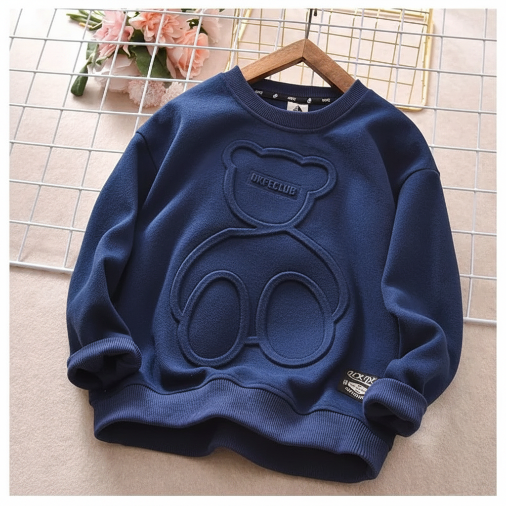 Navy blue pullover sweatshirt with a raised bear front and ribbed trim