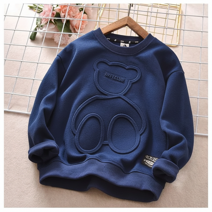 Navy blue pullover sweatshirt with a raised bear front and ribbed trim