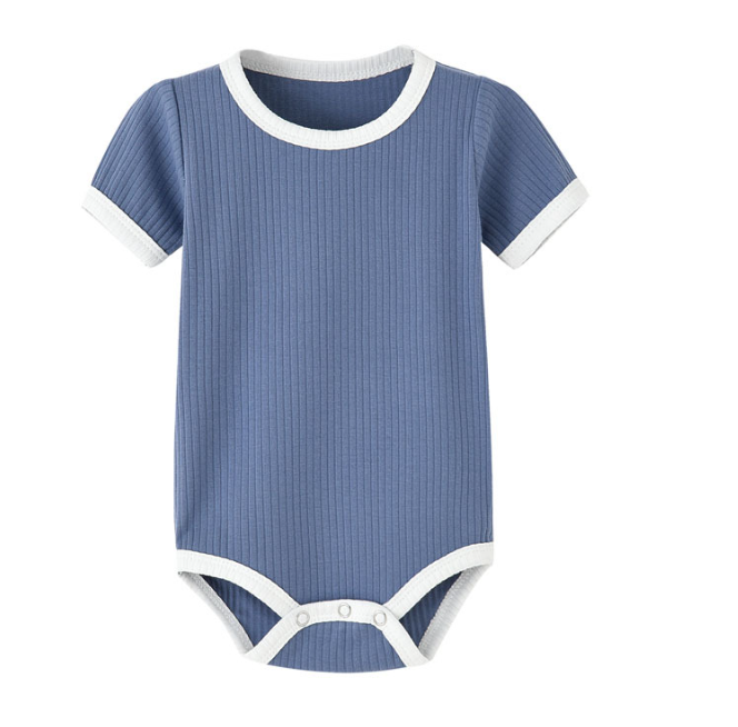 Navy blue short-sleeve baby romper with white trim and bottom snaps