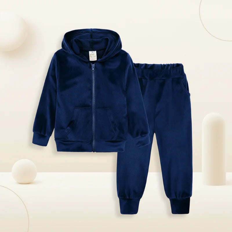 Navy blue velvet zip-up hoodie and matching cuffed pants