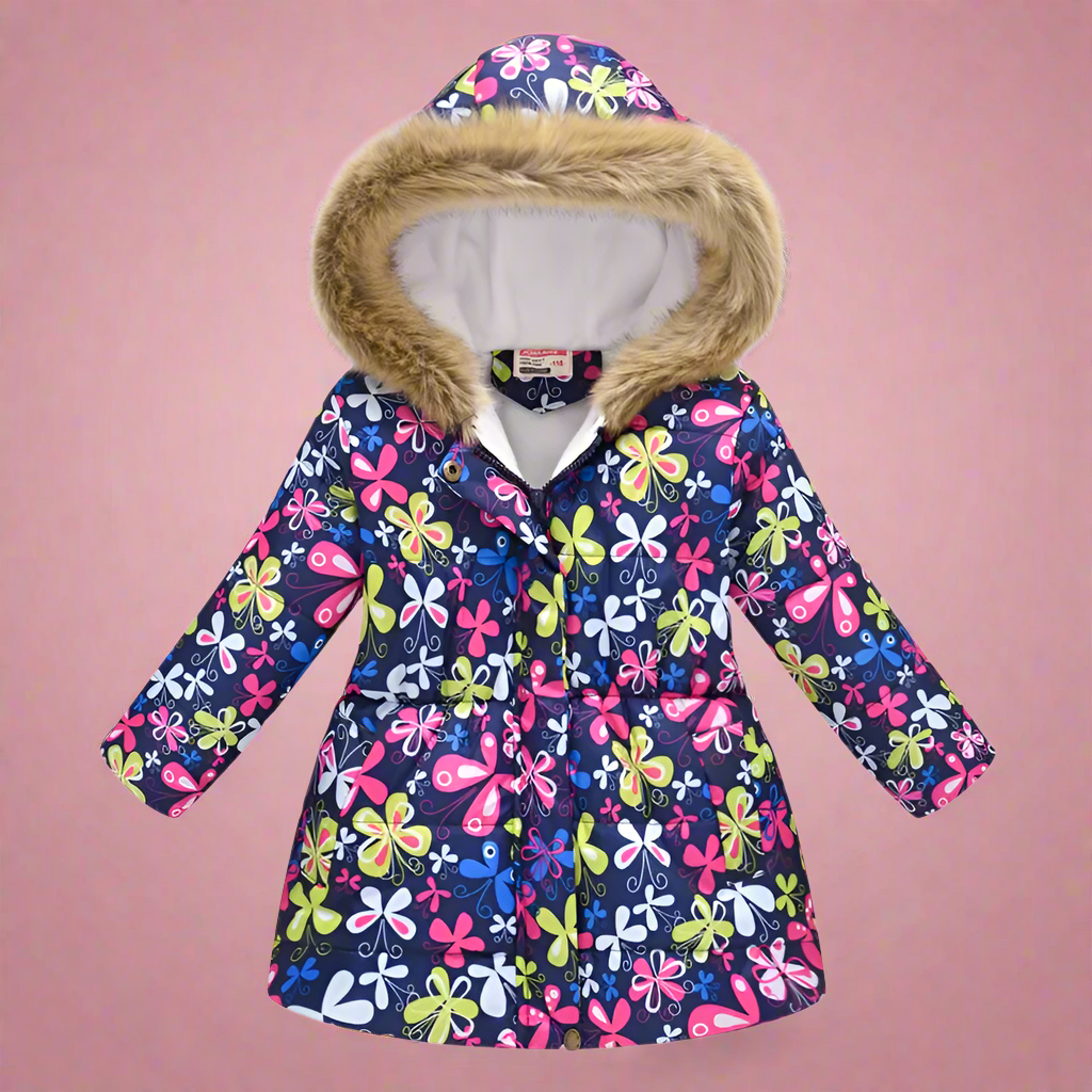 Navy quilted winter coat with bright multicolored flowers and fluffy hood trim