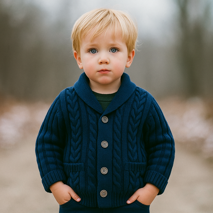 Child outdoors wearing a navy cable-knit cardigan with a collar and button front