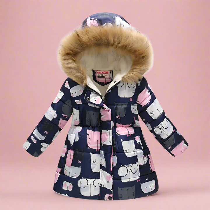 Navy quilted coat with pink and white cartoon animals and fluffy hood trim
