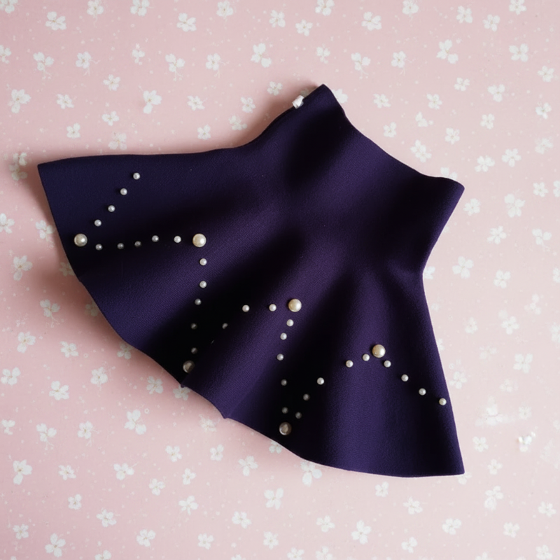 Navy blue knit skirt with chevron bead patterns, laid diagonally