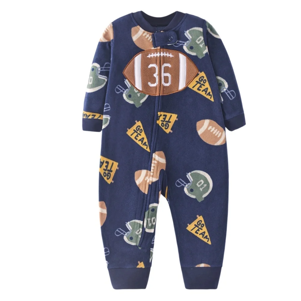 Navy football-print fleece baby jumpsuit with helmets and a large football chest design