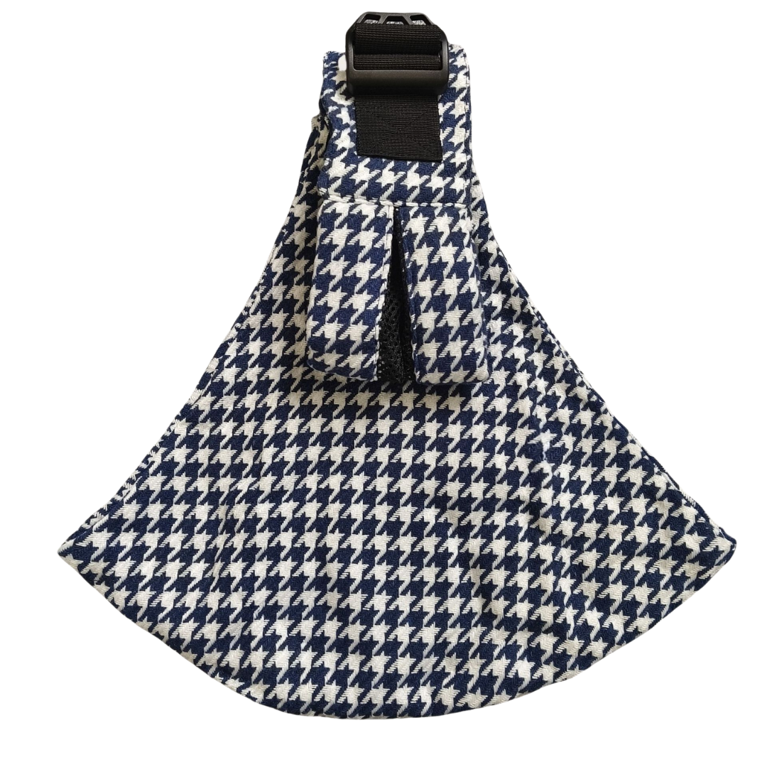 Dark blue and white houndstooth hip carrier with a black buckle