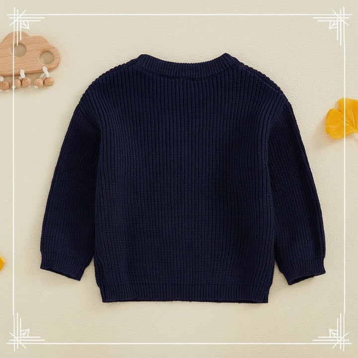 Back view of the navy blue sweater showing its knit texture and ribbed hem.