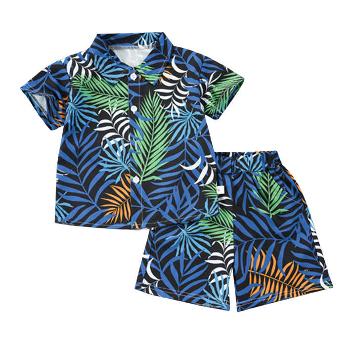 Navy shirt and shorts with blue, green, white and orange leaf patterns