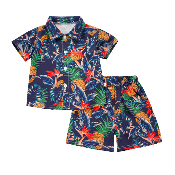 Navy shirt and matching shorts with pineapples and multicolored tropical foliage